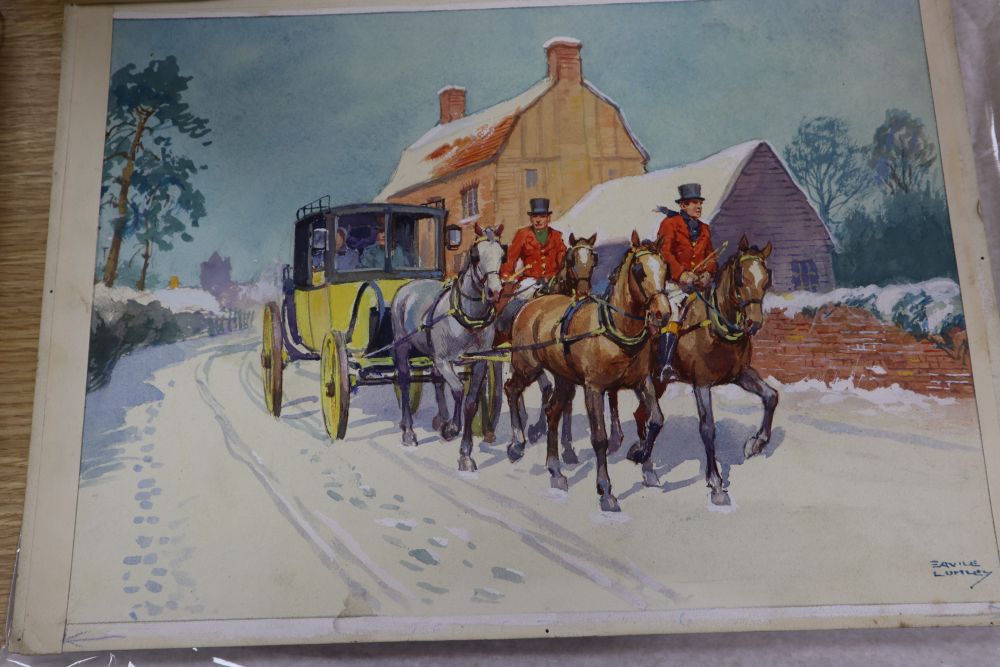 Savile Lumley (20th century), a set of four Victorian winter coaching scenes, 25.25 x 34.5cm